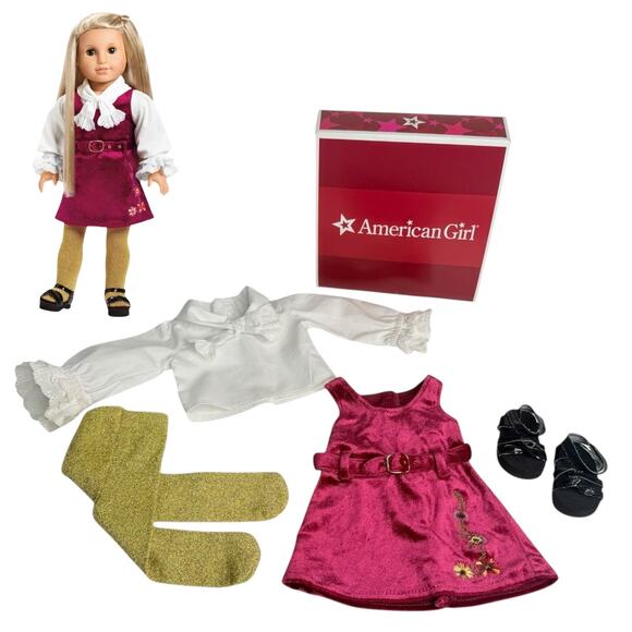 American Girl Julie Christmas Dress Holiday Velvet Gold Tights Shoes Blouse Box - Picture 9 of 9